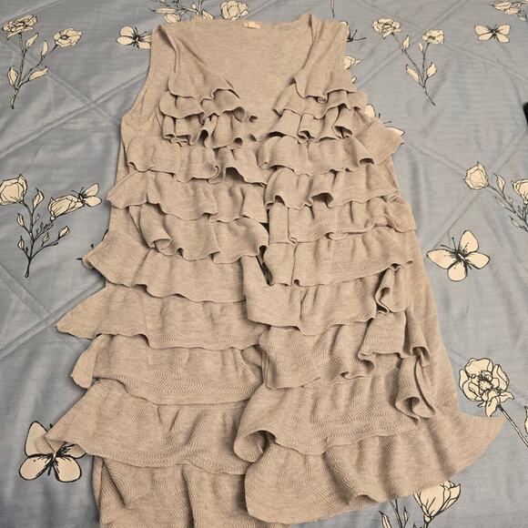 J.Crew Oatmeal Knit Vest M OpenFront Tiered Ruffle Pima Cotton Wool Blend Duster - Picture 4 of 9